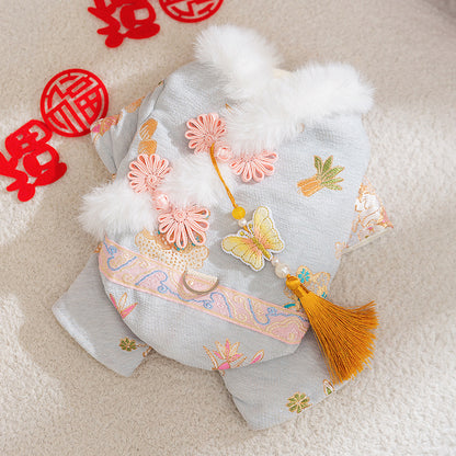 Traditional Chinese Style Pet Cheongsam Coat, Embroidered Floral Dog Jacket With Tassel & Faux Fur Trim For Festive Wear
