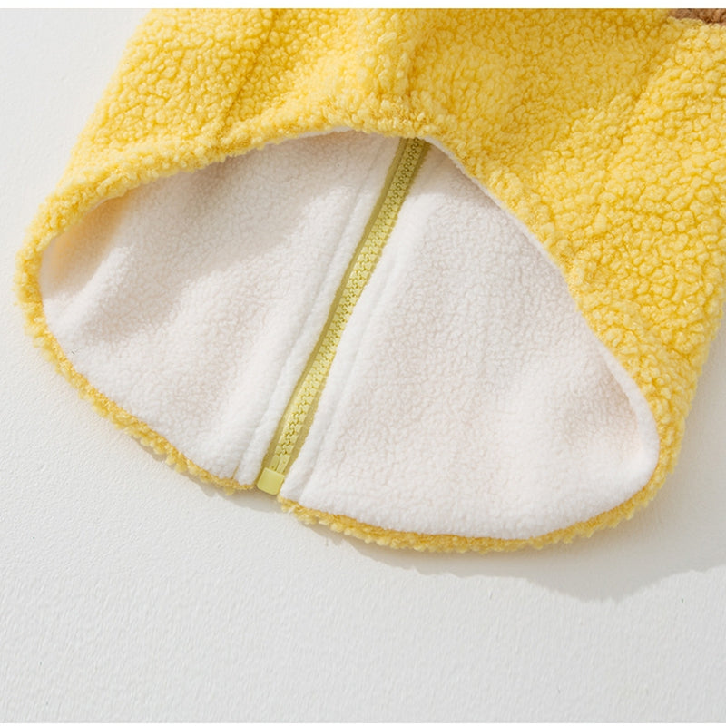 Cute Bear Embroidered Pet Fleece Jacket With Plaid Pockets, Warm Zippered Dog Coat With Leash Ring For Small Dogs