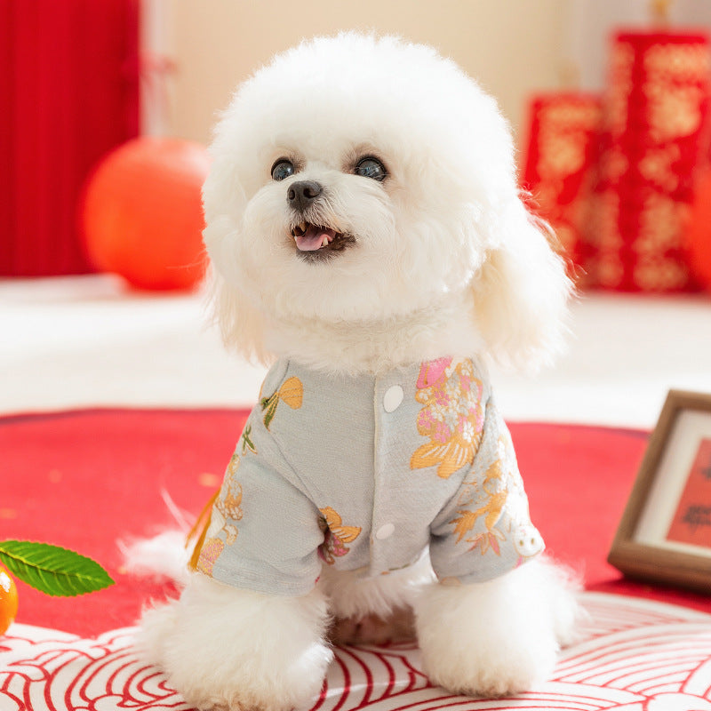 Traditional Chinese Style Pet Cheongsam Coat, Embroidered Floral Dog Jacket With Tassel & Faux Fur Trim For Festive Wear