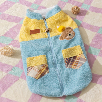 Cute Bear Embroidered Pet Fleece Jacket With Plaid Pockets, Warm Zippered Dog Coat With Leash Ring For Small Dogs