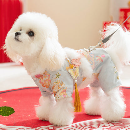 Traditional Chinese Style Pet Cheongsam Coat, Embroidered Floral Dog Jacket With Tassel & Faux Fur Trim For Festive Wear