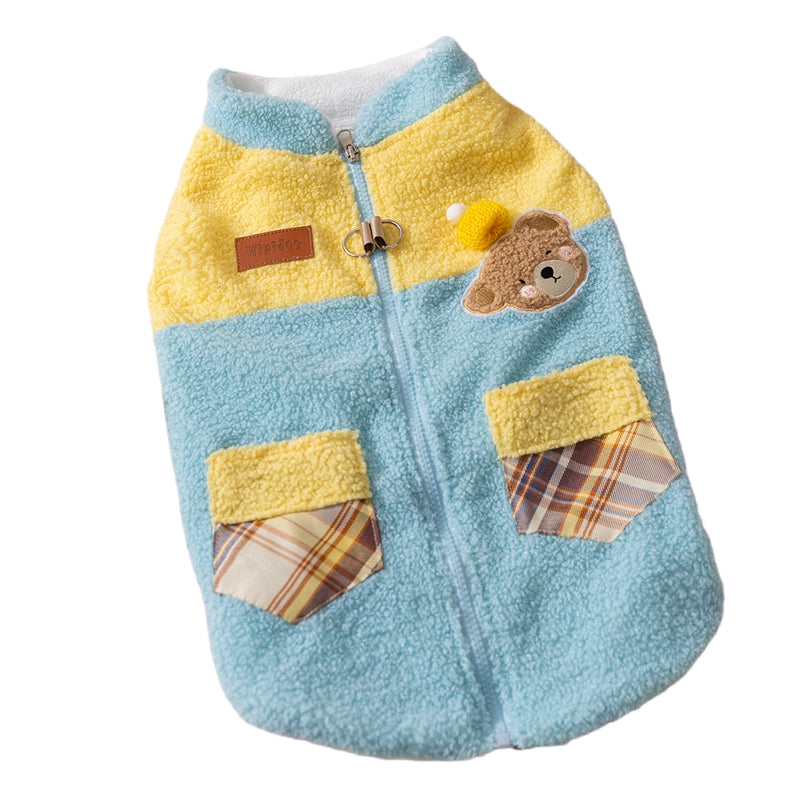 Cute Bear Embroidered Pet Fleece Jacket With Plaid Pockets, Warm Zippered Dog Coat With Leash Ring For Small Dogs