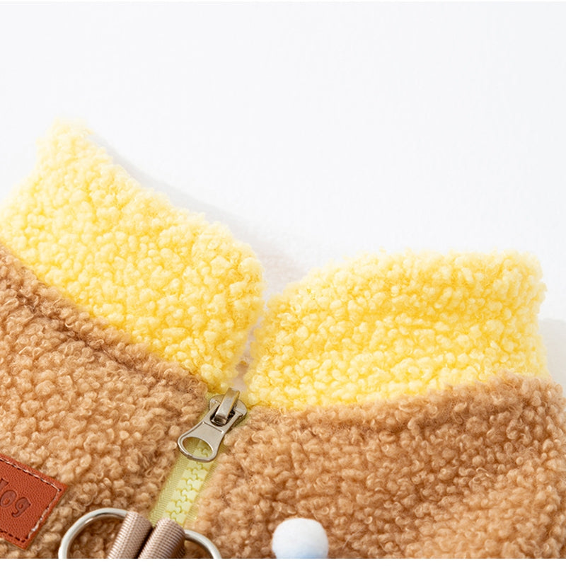 Cute Bear Embroidered Pet Fleece Jacket With Plaid Pockets, Warm Zippered Dog Coat With Leash Ring For Small Dogs